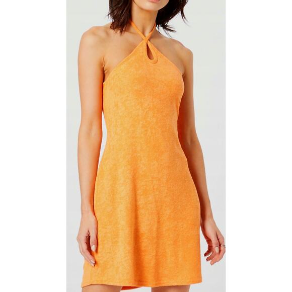Hollister Terry Halter Midi Dress WMNS S Orange Terrycloth Keyhole Built-In Bra - Picture 1 of 8